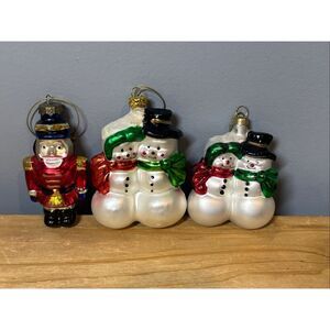 Vintage blown glass Christmas tree ornaments snowman and Nutcracker soldier bund